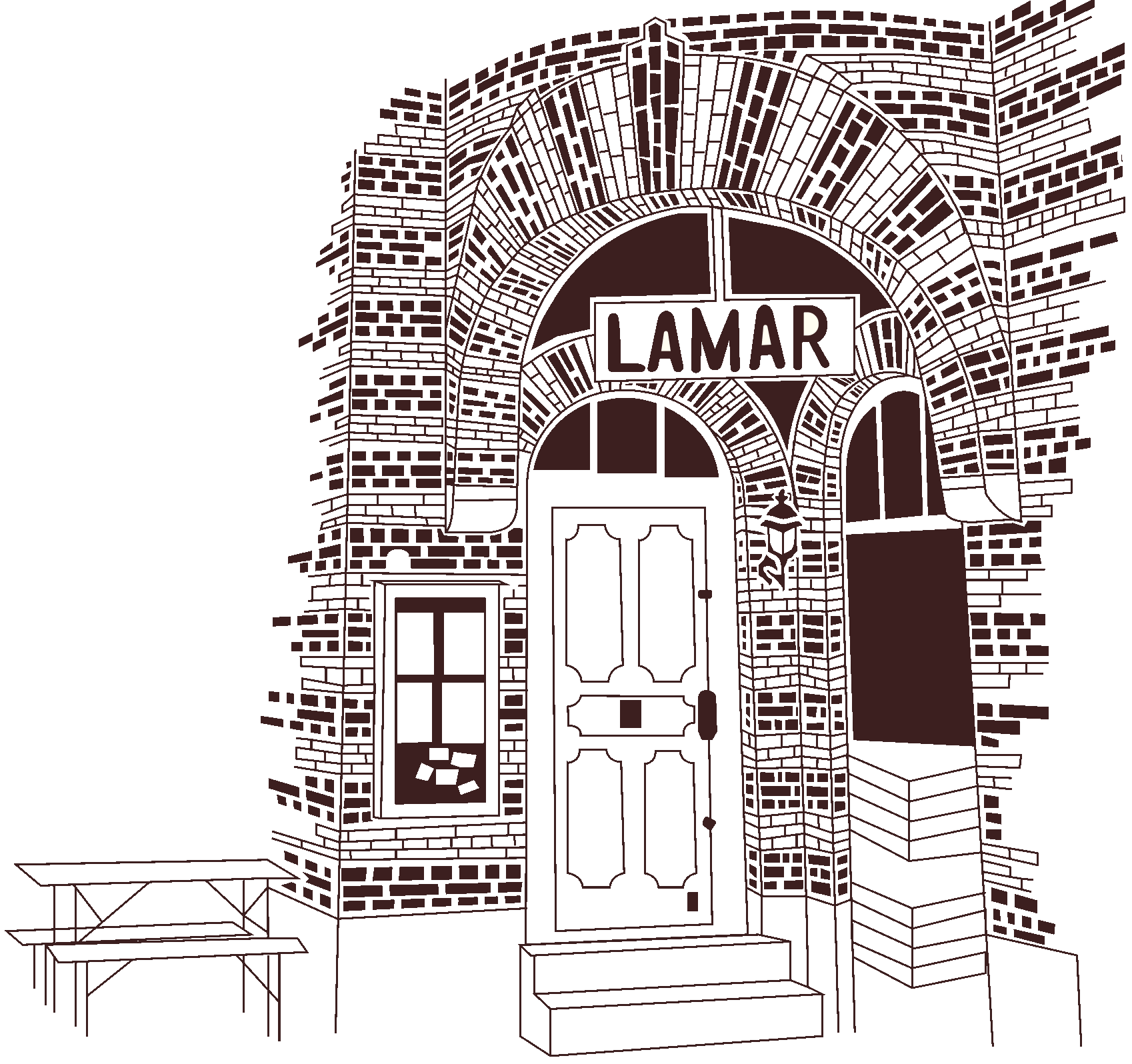 Illustration of the restaurants facade, with the sign getting lit up